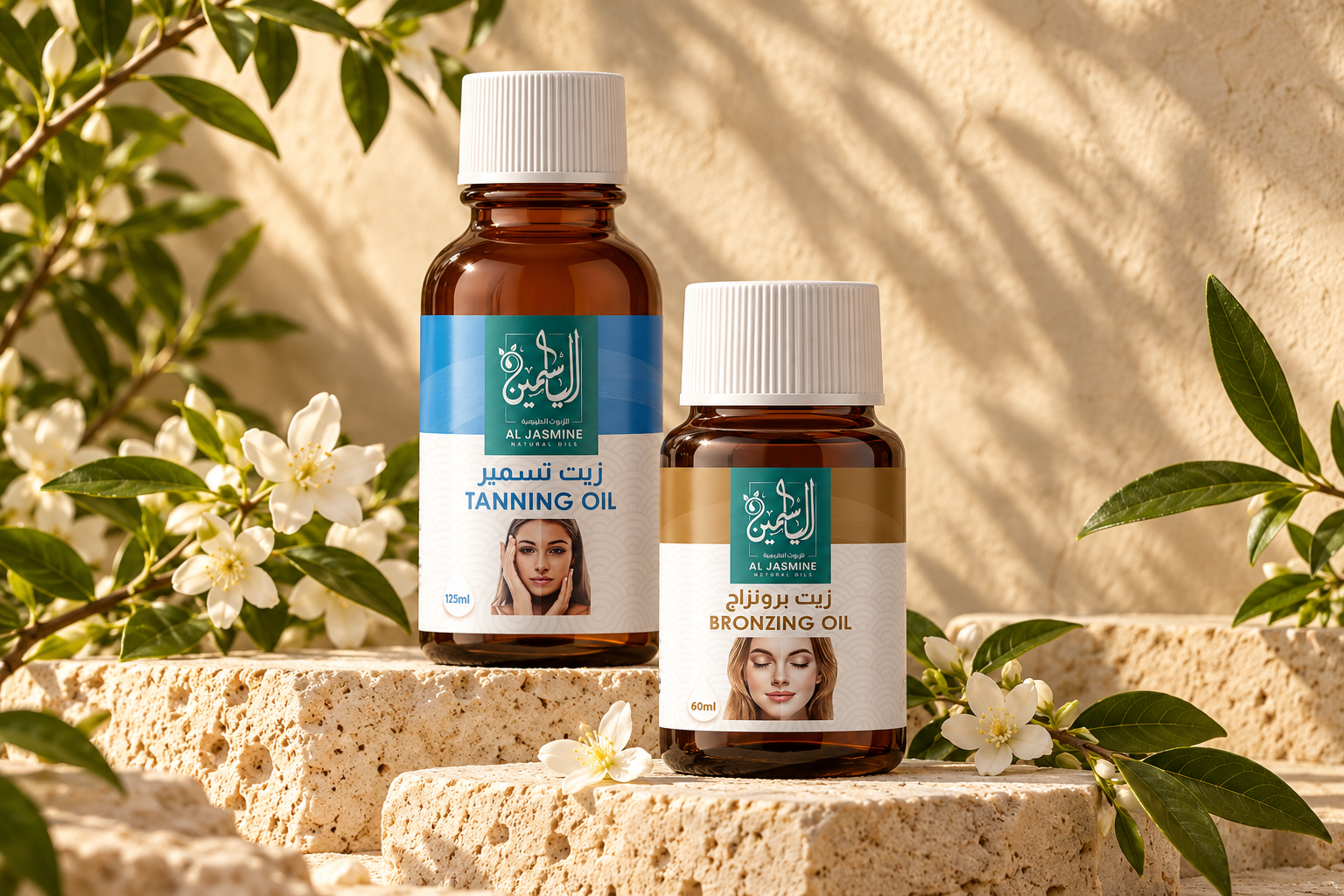 Al Jasmine botanical oils on natural stone with jasmine flowers